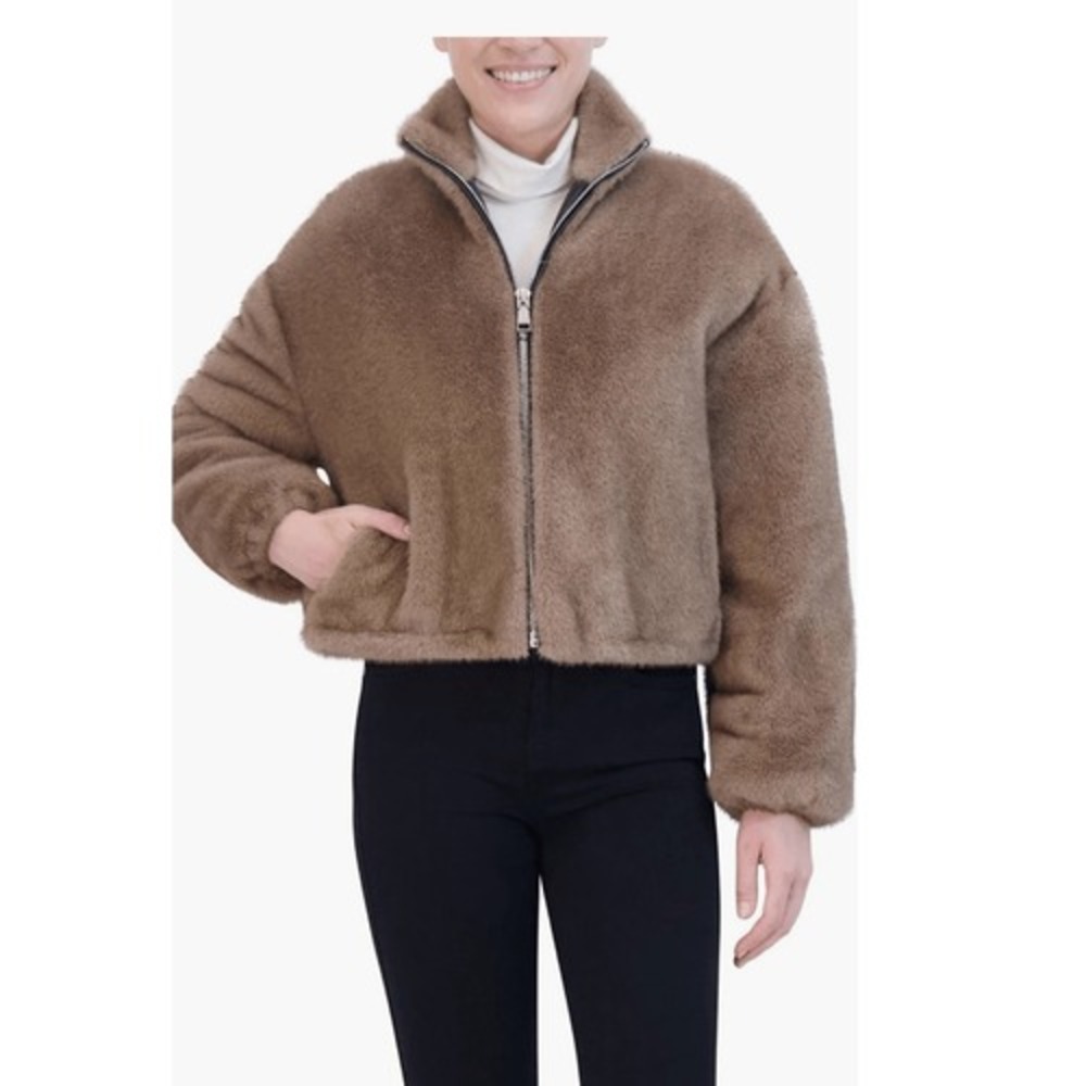 Rebecca Minkoff Faux Fur Crop Jacket, Taupe/Tan‎ Large, NWT
